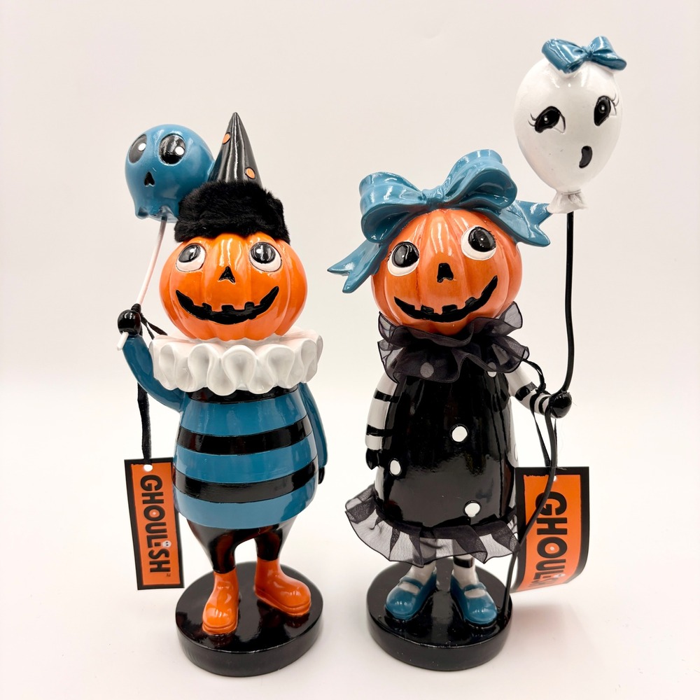 Ghoulish Retro Halloween Pumpkin Head Boy Girl Figurine Set Blue Black